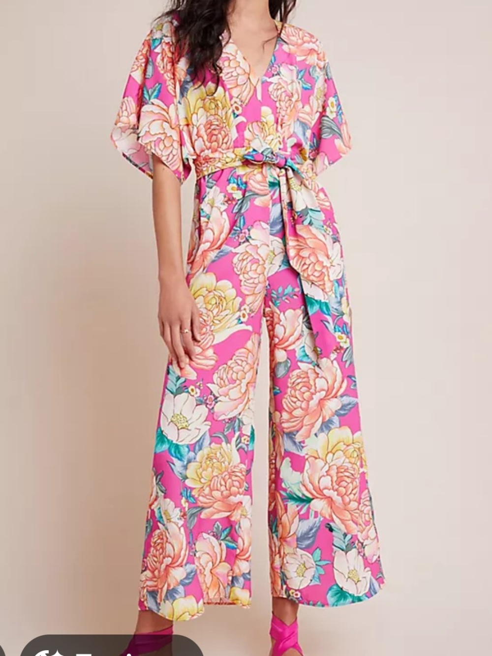Farm Rio Eulalie Pink Floral Wide-Leg Jumpsuit with Tie Waist